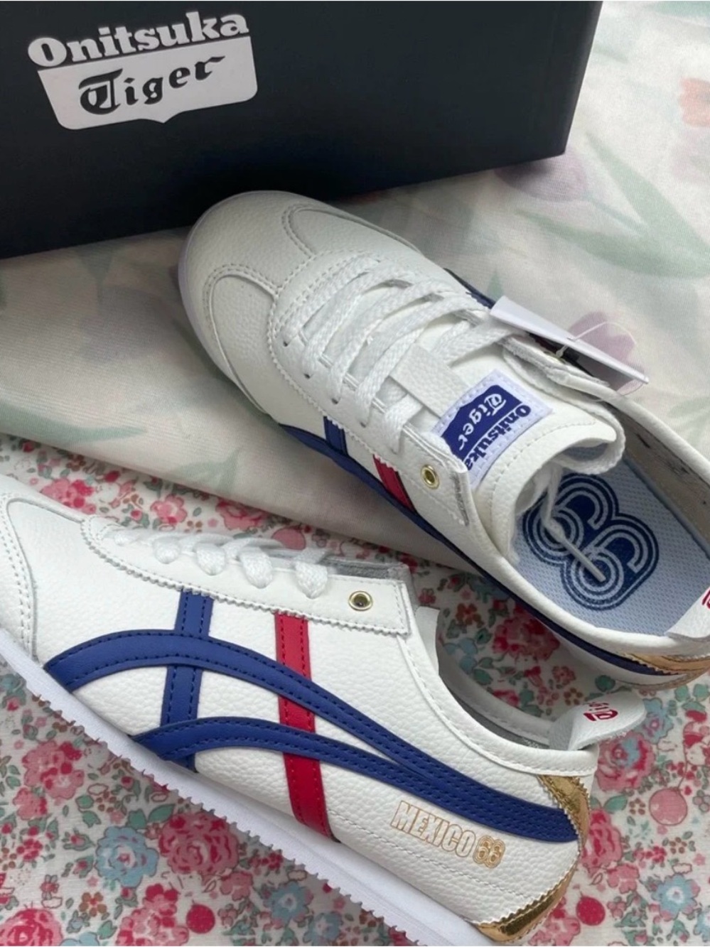 Onitsuka Tiger by Asics White Sneakers with Blue and Red Stripes